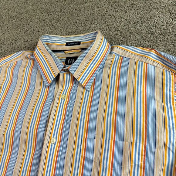 GAP Button Up Shirt Mens Large 16 Blue Orange Vertical Striped Classic Fit - Picture 3 of 8